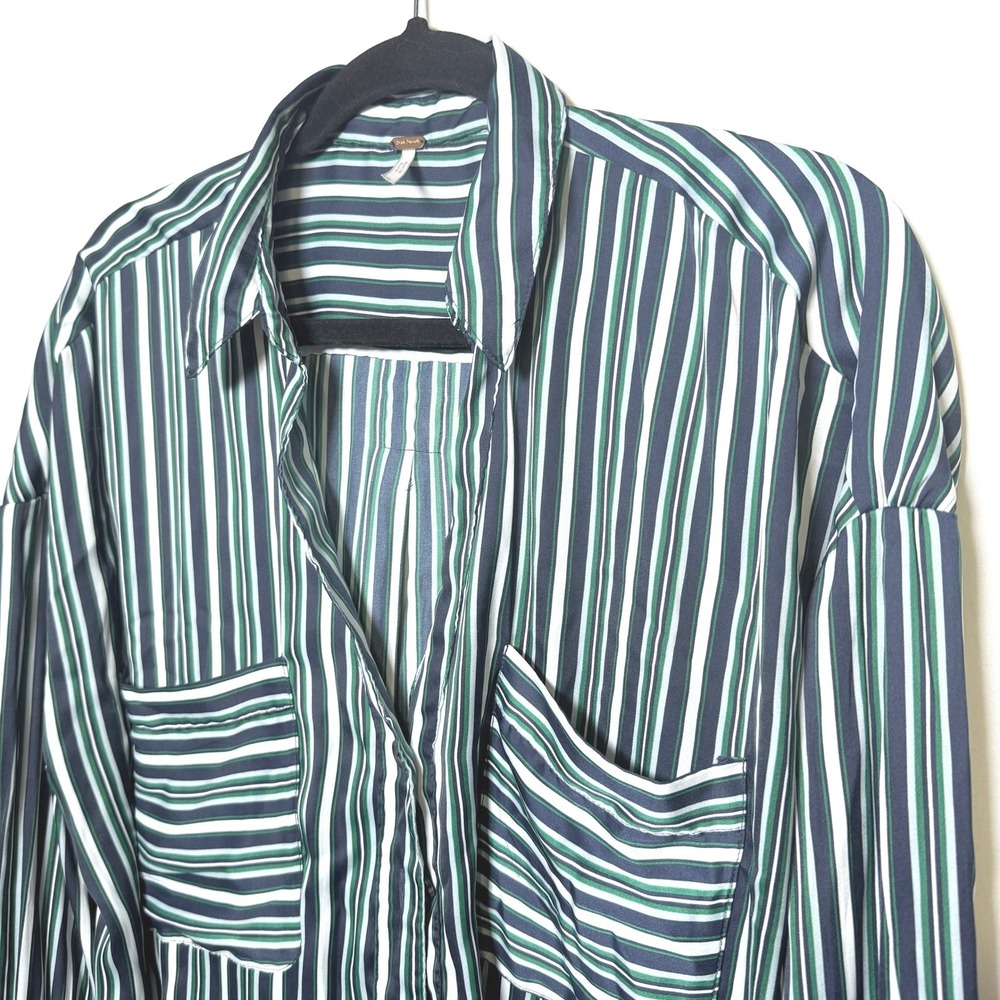 Free People Women Green Navy Striped Button Down Shirt Oversized Long Sleeve L